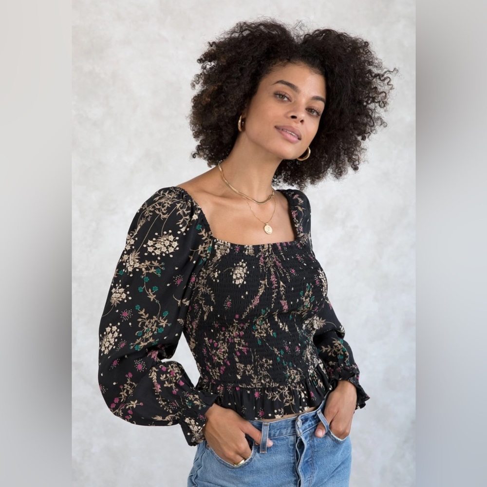Black Floral Smocked Peplum Blouse
